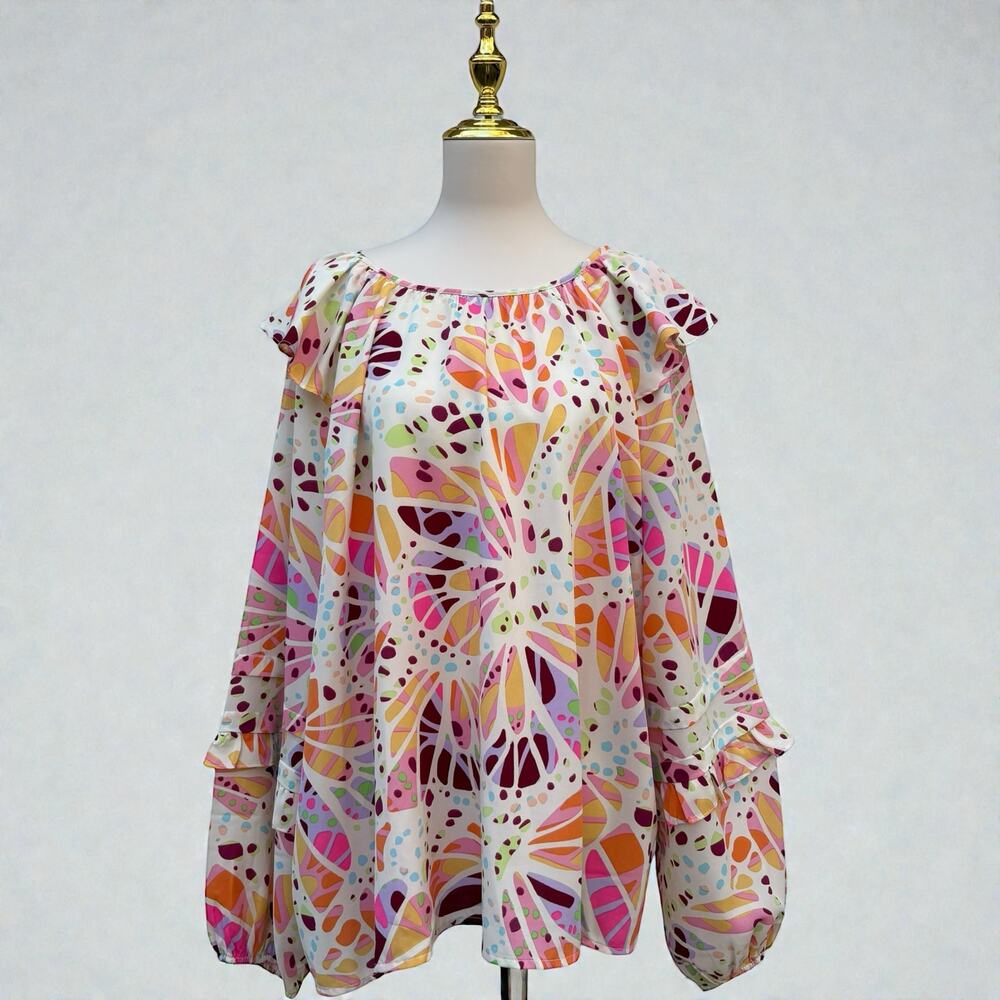 Oddy Shirt Sz 2X Colorful Ruffle Puff Sleeve Blouse Pink Whimsical Relaxed Boho